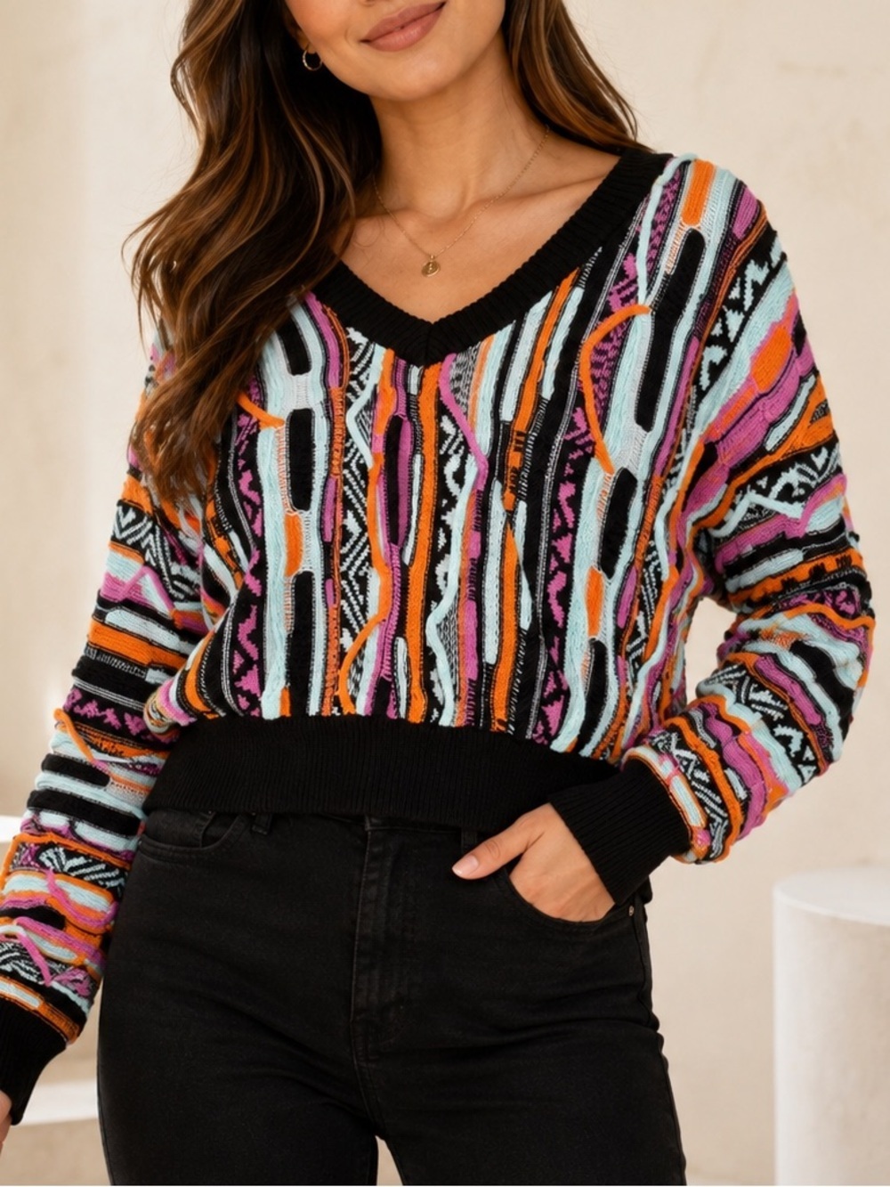 Forever 21 Y2K Multicolor Textured Knit V Neck Sweater Size Medium